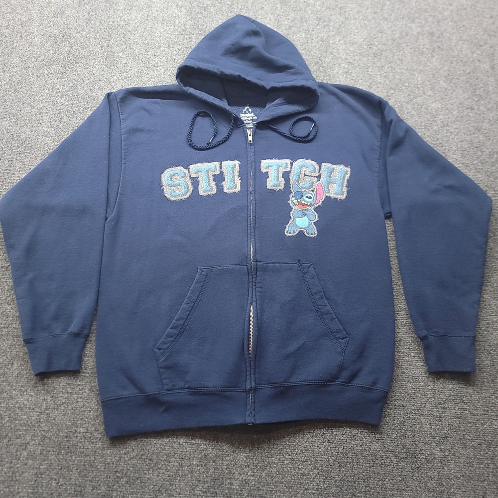 Disney Parks Hanes Stitch Full Zip Hoodie Navy Blue Large Lilo & Stitch Graphic